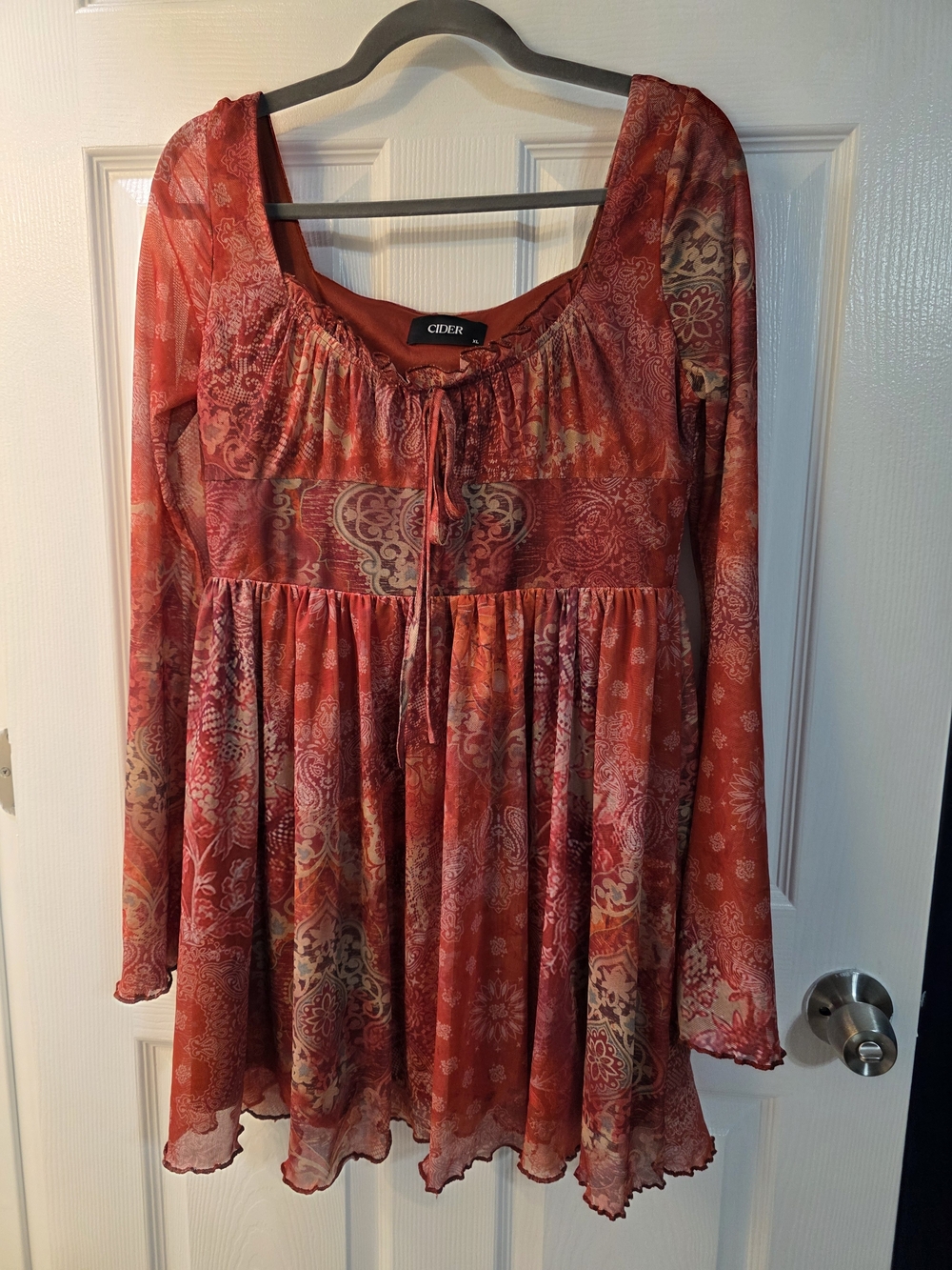 Cider Orange-Red Paisley Tie-Front Boho Dress Size Xl